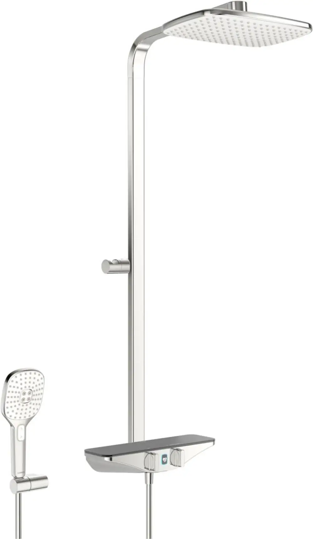 Regenbrause-Duscharmatur von HANSA mit Haupt- und Handbrause, verchromt, zwei Bedienelementen und Ablagefläche, geeignet für eine moderne Badezimmerinstallation.